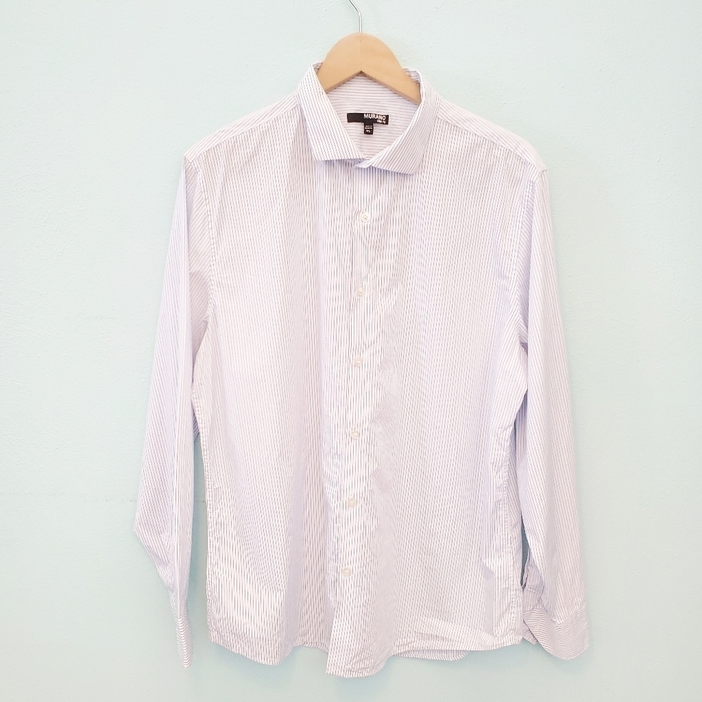 𝅺MURANO men's shirt slim fit white blue print-stripe button up Size XL